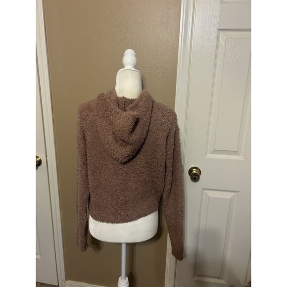 Skims Teddy Zip Up Crop Hoodie S/M Tan Brown Pockets Loungewear Fuzzy Soft - Picture 2 of 11